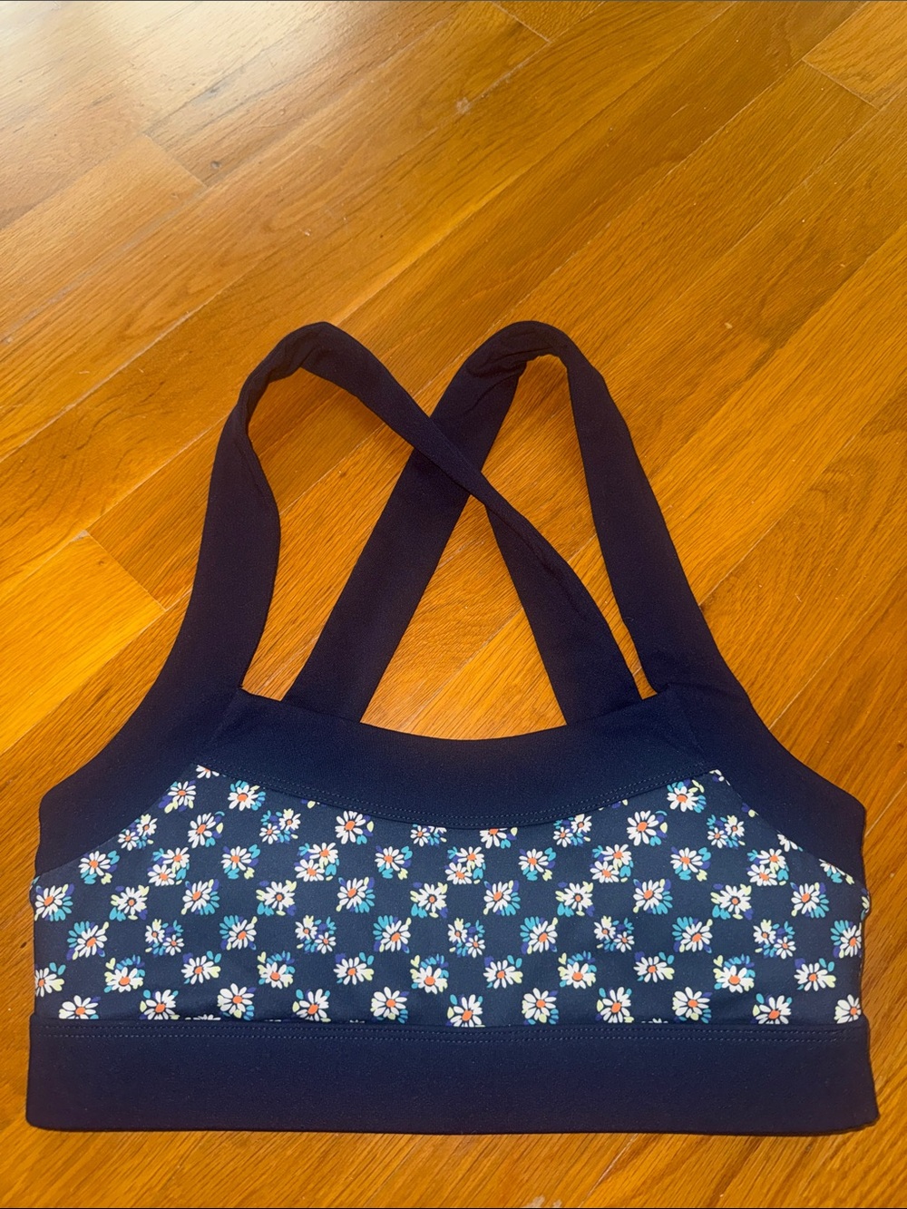 Fabletics Navy Floral Sports Bra with Cross Back Straps